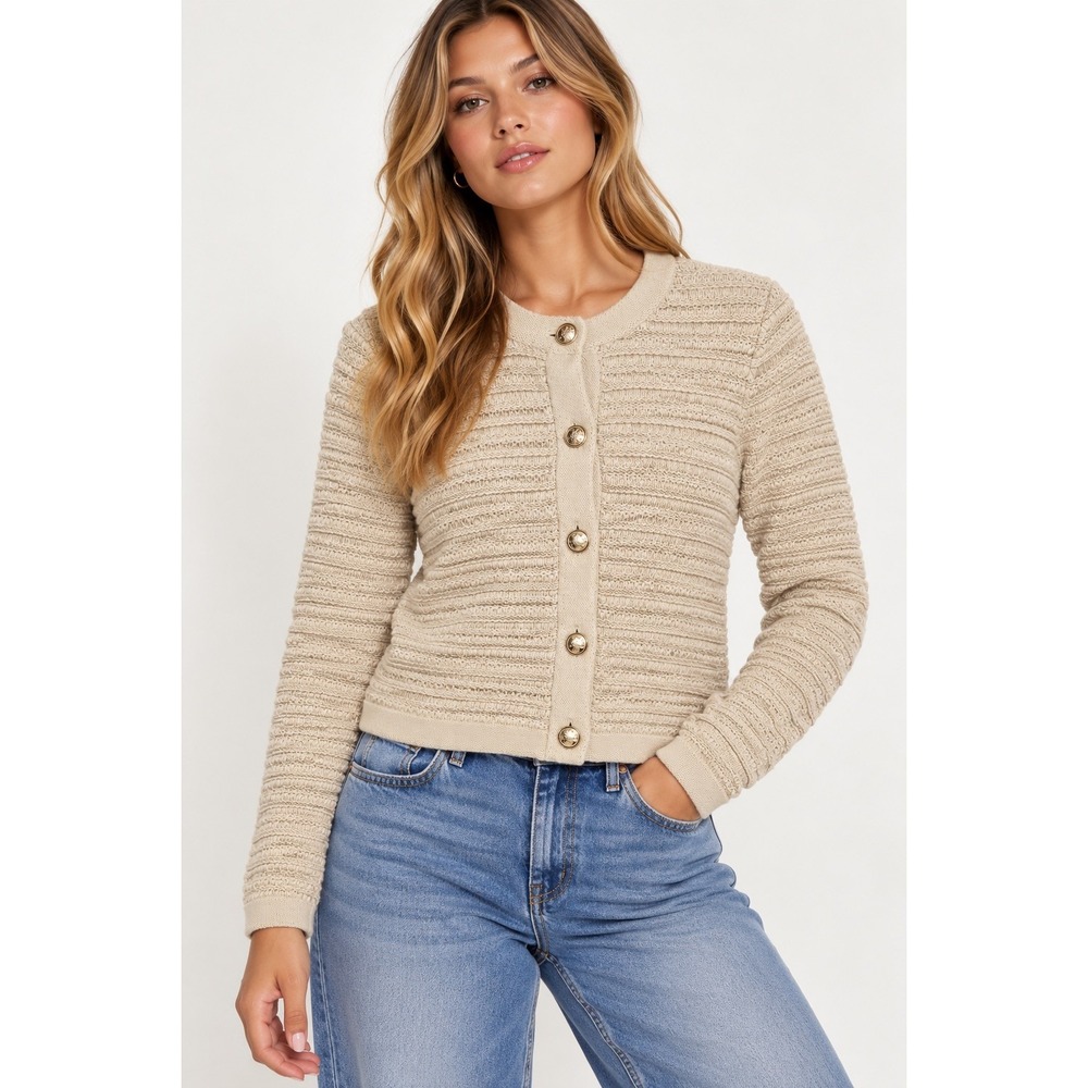 LOFT Women's Size XS Cardigan Sweater Beige Textured Knit Gold Button Jacket